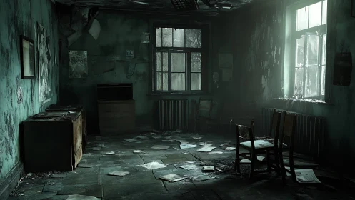 Abandoned classroom interior rendered in moody photoreal detail