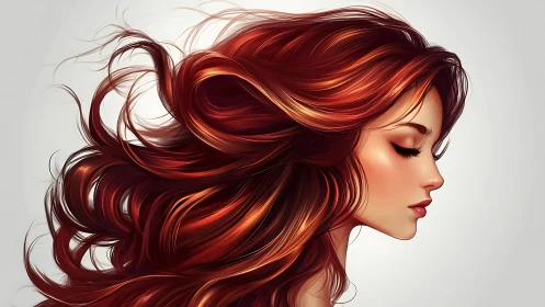 Profile study of flowing red hair in high-detail digital render.