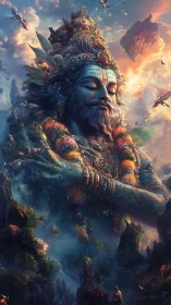 Celestial blue deity rests above floating mountains in mist