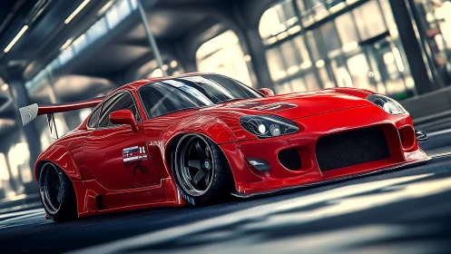 Red widebody tuner car glows under urban tunnel lights.