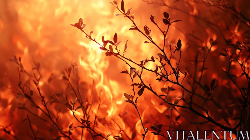 Branches silhouetted against intense wildfire flames, dramatic scene.