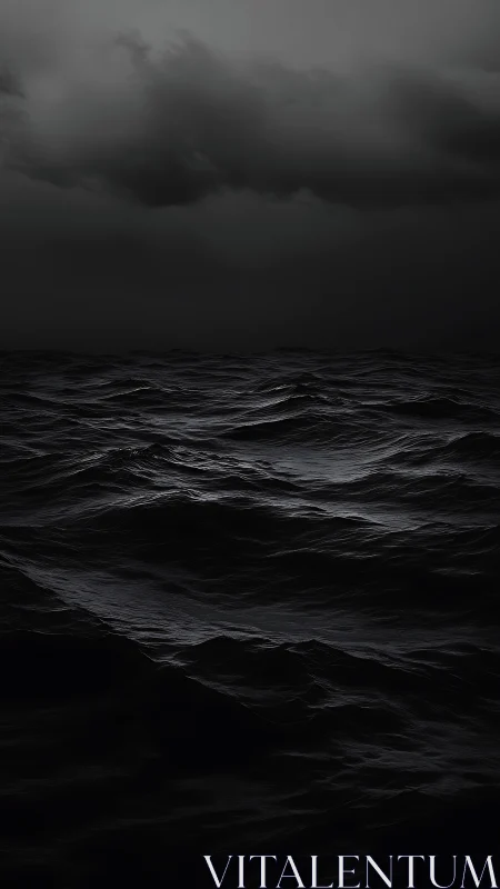 Dark storm-tossed ocean under brooding night sky.