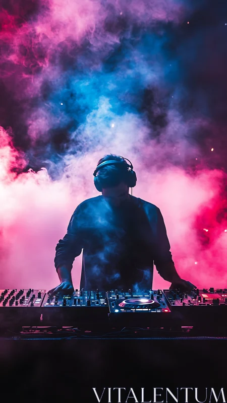 DJ lost in neon mist, shaping sound in glowing clouds.