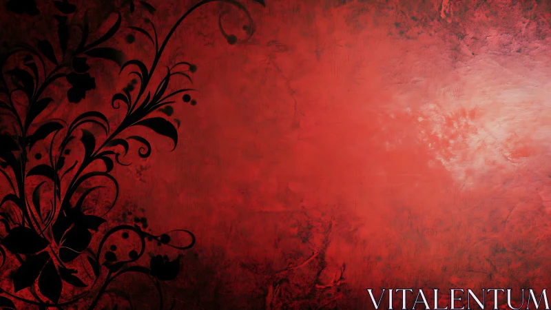 Ornate black florals on textured red abstract ground.