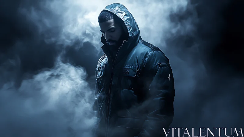 Moody hooded figure in blue-toned atmospheric smoke field