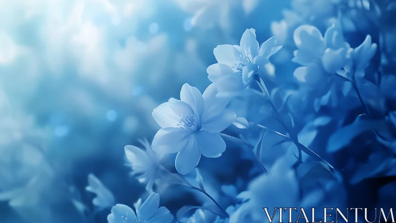 Blue flowers bloom in soft dreamy light.