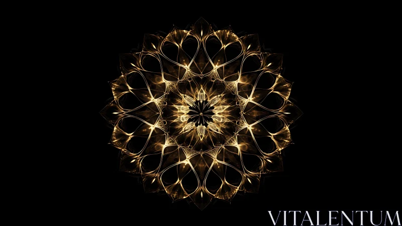 Luminous golden fractal mandala on deep black void background.