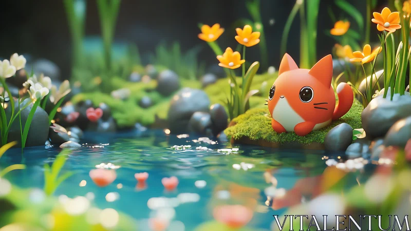 Cute orange fox figurine by a bright blue woodland pond.