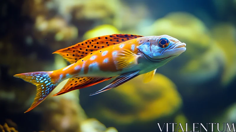 Tropical reef fish glides through blurred underwater corals.