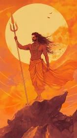 Sunlit warrior sage standing strong above glowing cliffs.