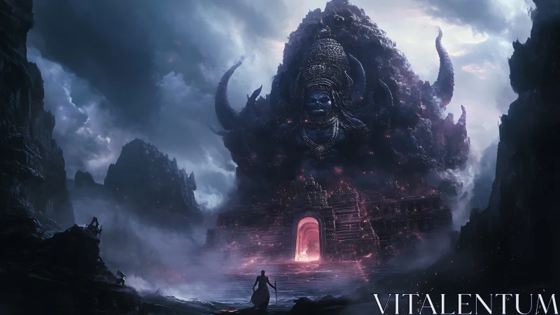 Lone wanderer approaches colossal demonic temple gate