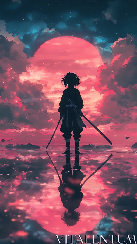 Lone swordsman confronts a blazing cosmic sunset horizon