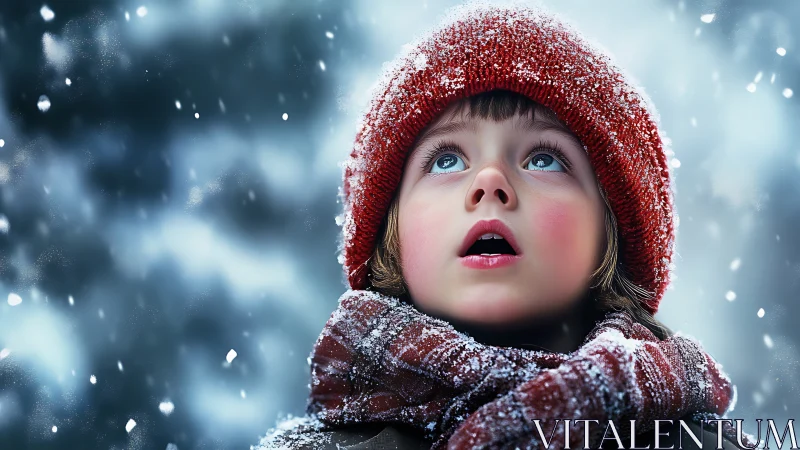 Child in red winter hat gazes upward amid snow particles and frosted atmosphere.