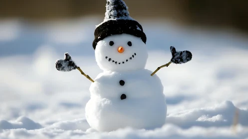Cheerful little snowman spreads joy across a bright snowy field
