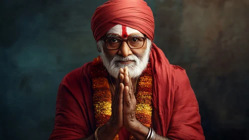 Elderly Hindu guru in namaste pose under soft key lighting