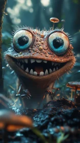 Hybrid amphibious creature stands among forest mushrooms