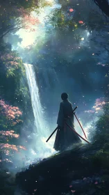 Lone samurai studies misty waterfall beneath glowing forest canopy