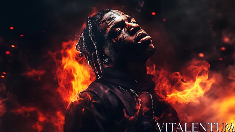 Portrait of defiant man engulfed in stylized cinematic flames