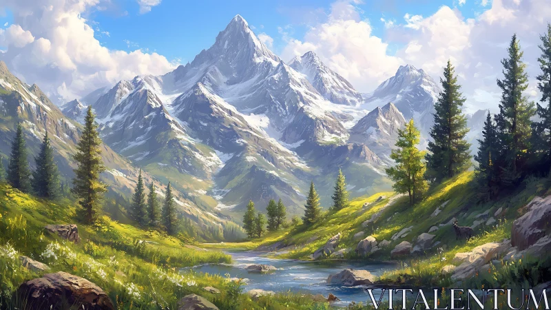 Glaciated alpine massif with conifer valley and reflective stream.