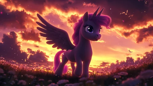 Winged pink unicorn pony under vivid sunset sky.