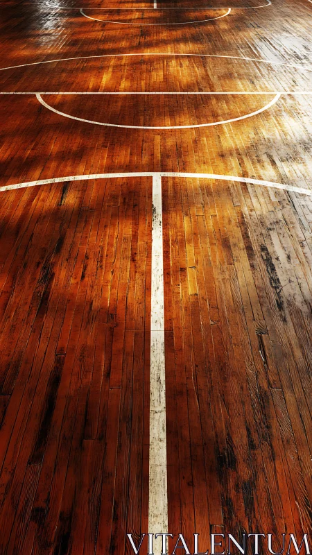 Aged basketball court floor captures linear depth and patina