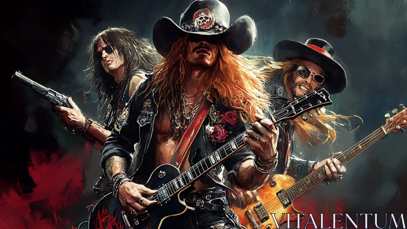 Rock band trio in leather and hats with electric guitars.