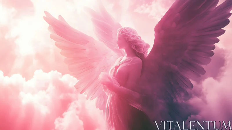 Volumetric backlit angel statue rendered in pink atmospheric haze