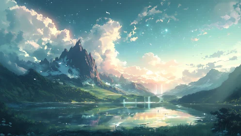 Luminous mountain valley reflected in tranquil fantasy lake.