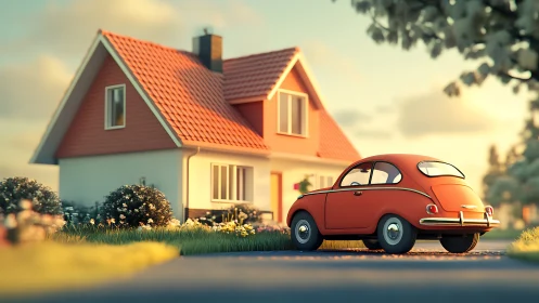 Red compact car parked before small suburban house at dusk.