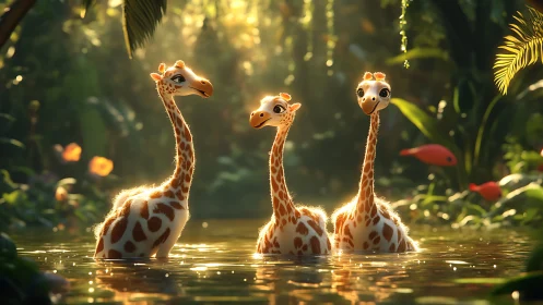 Three stylized baby giraffes bask in luminous jungle shallows