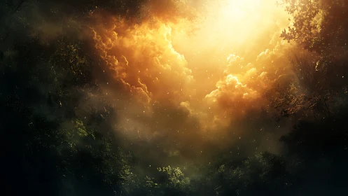 Sunlit cloudburst opens a mystical forest sky portal.