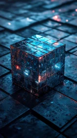 Glowing cyber cube resting on rain-slick metallic tiles.