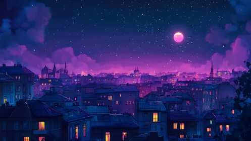Neon-lit city skyline under glowing violet night sky.