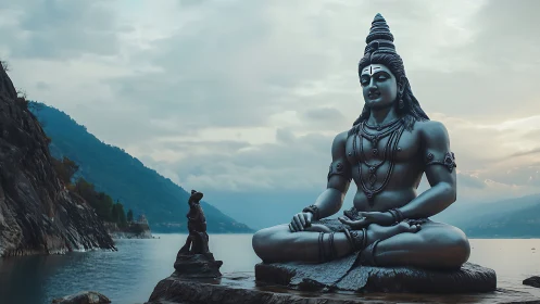 Large seated Shiva statue overlooks calm mountain lake