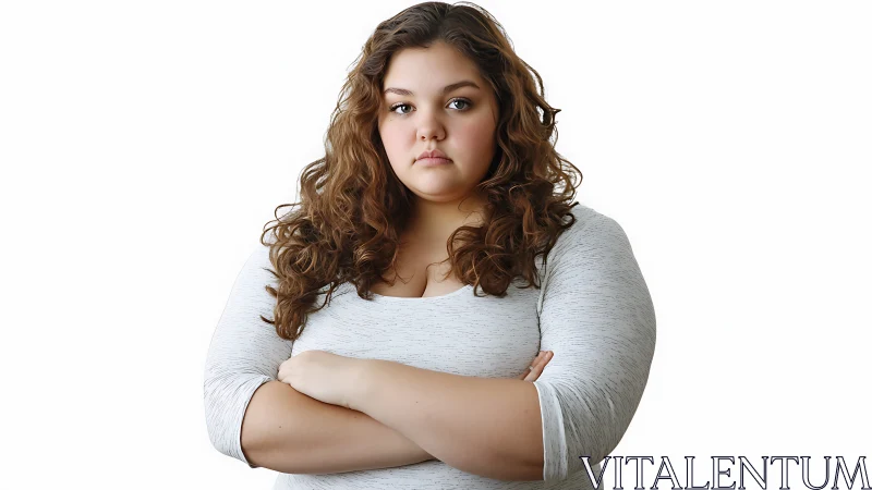 Confident Woman with Curly Hair in Studio Portrait Style.
