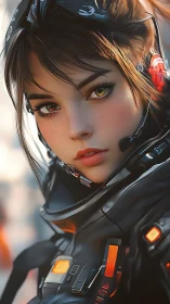 Cyberpunk portrait of female pilot in luminous tactical exosuit.