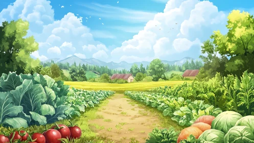 Sunny country garden path lined with vibrant summer vegetables.