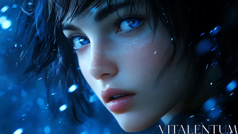Digital close-up portrays blue-lit female face in profile