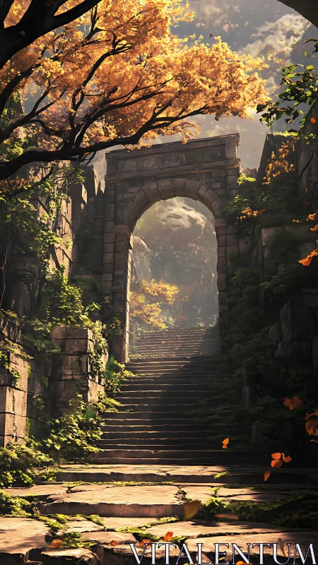 Ancient stone stairway ascends through sunlit ruin archway