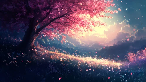 Sunlit meadow under pink blossom tree at dusk.