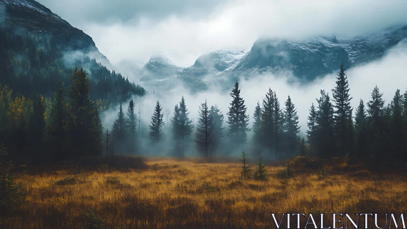 Misty Alpine Valley with Evergreen Forest and Snow-Capped Peaks.