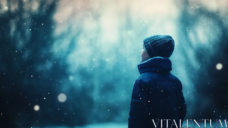 Winter child in profile beneath ethereal blue snowfall glow.