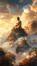 Cloud-wreathed Buddha quietly crowns mountains of autumn light