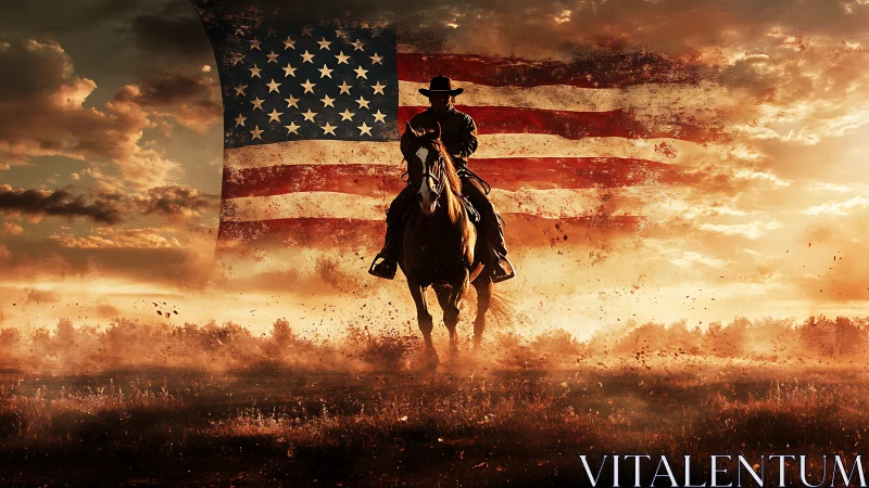 Dust‑trail cowboy rides beneath a weathered American sky.