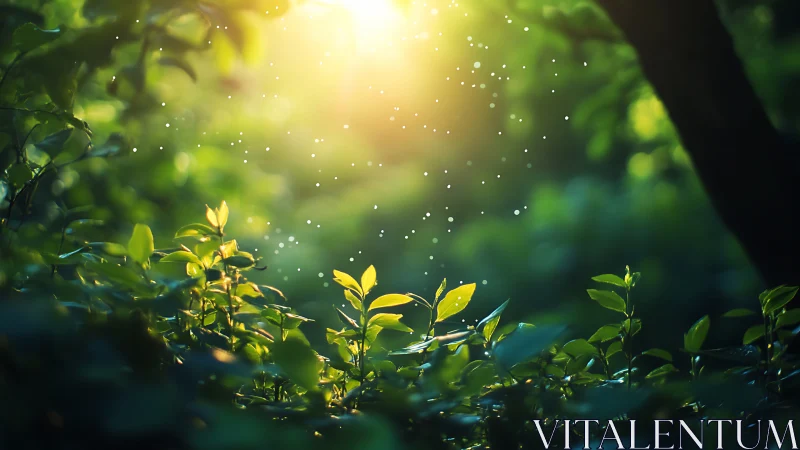 Sunlit forest undergrowth with glowing leaves and dreamy light.