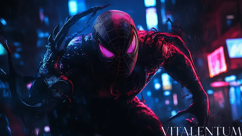Venomized night-runner stalks neon-soaked cyber city streets.