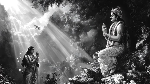 Sacred forest meeting glows with gentle divine sunlight