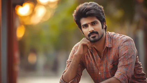 Sunlit thinker in plaid leans into a quiet golden afternoon.