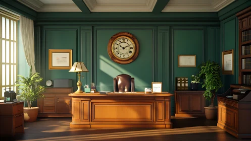 Sunlit classic executive office showcases wood and teal walls