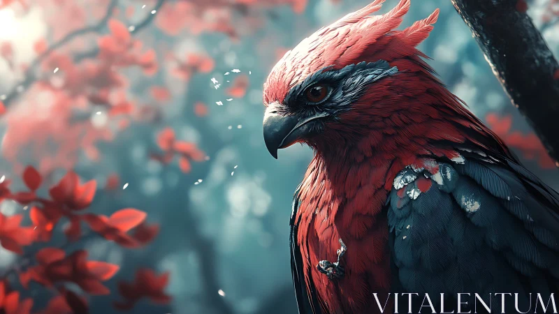 Majestic Red and Blue Fantasy Bird in Ethereal Forest Scene.
